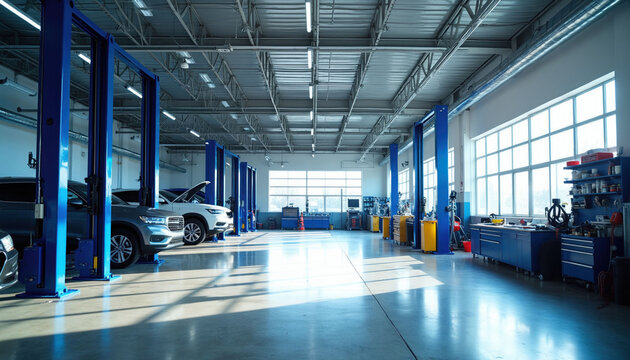 Modern auto repair shop interior with multiple cars on hydraulic lifts. Clean organized space with tools equipment for vehicle maintenance and service. Bright large windows, polished concrete floor.