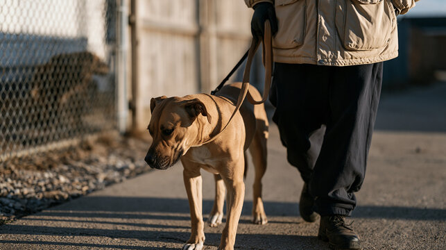Dog trainer uses a treat pouch and a loose leash to redirect a reactive pit bull mix away from a chain-link fence where a neighbor's dog is visible, the harsh midday sun casting strong shadows acros