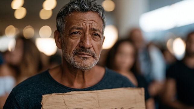 A Brazilian immigrant man stands at an airport arrivals gate holding a handwritten sign for a newly arrived relative, a mix of hope and exhaustion on his face under bright terminal lighting, the arr