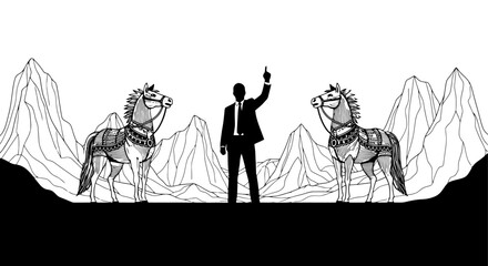 Fototapeta premium Dramatic silhouette of businessman with armored horses.