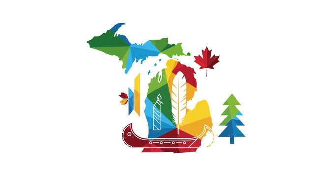 Abstract colorful artistic map of Michigan state with nature elements.