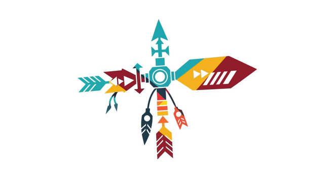 Colorful tribal arrow design with decorative feathers and geometric patterns.