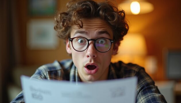 Young man with glasses reads document, shows shock. Eyes wide open, mouth agape in surprise. Astonished face, unexpected news, financial worries, emotional reaction, budget shock.