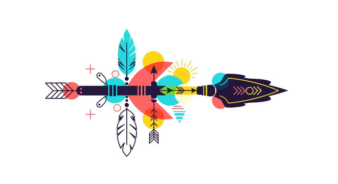 Boho tribal arrow with feathers and crescent moon elements.