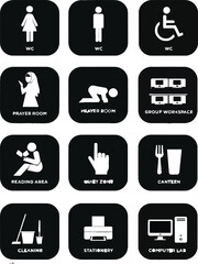 Fototapeta premium Public signage and office facility icon set featuring white wayfinding pictogram symbols for restroom prayer room quiet zone canteen computer lab and workspace on black squares
