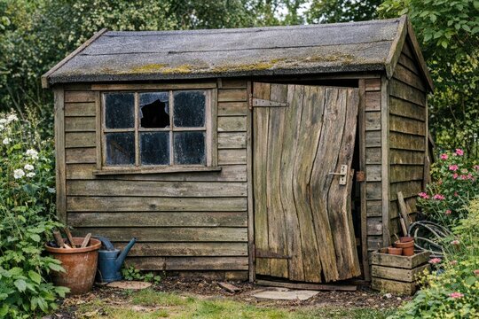 A worn out wooden shed with a cracked window, often used in rustic or countryside settings