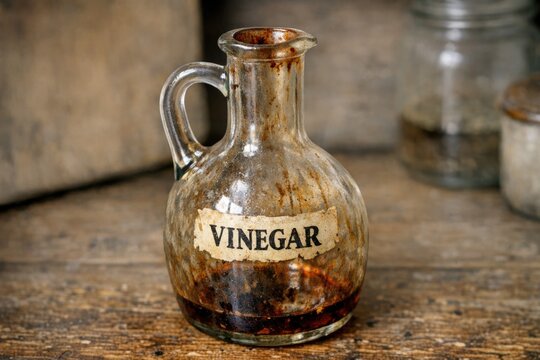 A standard-sized bottle of vinegar placed on a table, suitable for use in various settings including kitchen or office
