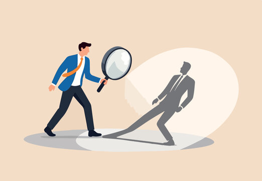 Self assessment or self analysis process to know yourself and discover plan or goal for living or work and career concept, businessman walking with shadow using magnifying glass to analyze himself