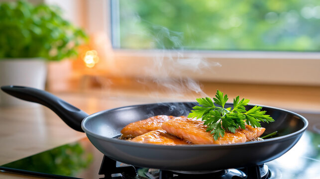 Pan fried salmon fillets with fresh parsley in a skillet on a modern stovetop with rising steam for healthy home cooking
