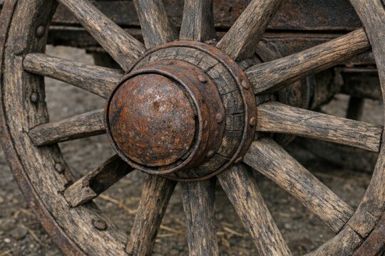 A detailed shot of an old wooden wagon wheel, perfect for rustic or country-themed designs