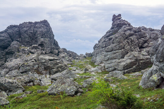 Mountain landscape with rocks and vegetation in the Ural Mountains