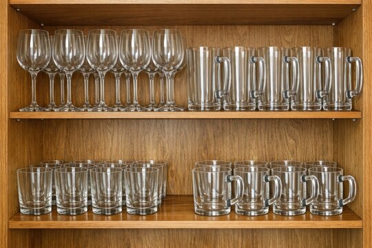 A wooden shelf displaying various wine glasses