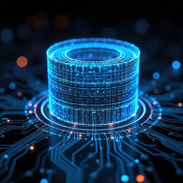 Glowing blue digital cylinder on circuit board background. Futuristic data processing, abstract tech concept. Neon light highlights intricate lines, network connection.