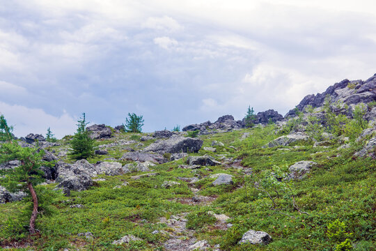 mountain landscape with green grass and rocks under cloudy sky in summer