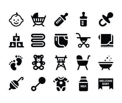 Set of baby icons, newborn care and infant accessories, vector illustration