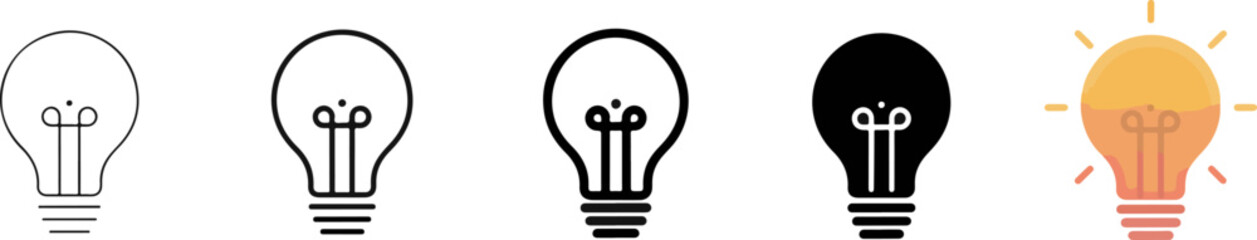 Light bulb idea icons set in various line weights and styles with innovation creativity solution inspiration thinking interface silhouette © AronnoRoy