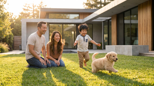 Happy Asian Family Watching Little Son Chase Golden Retriever Puppy in Backyard.