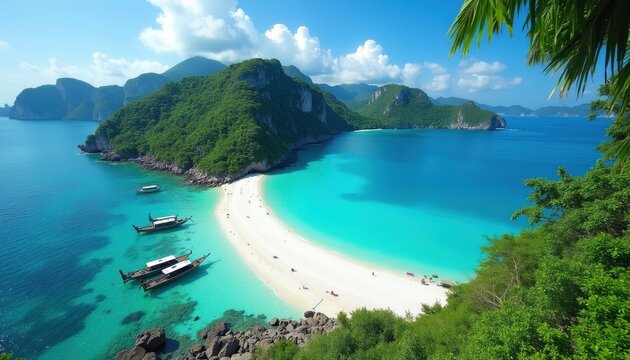 Turquoise water laps white sand beach curved around rich green hills. Boats float in clear ocean bay. People relax on shore, enjoying tropical paradise scenery.