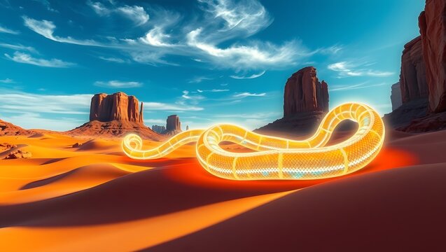 Glowing neon snake in desert landscape with rock formations and blue sky
