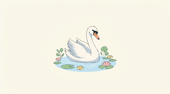 White Swan Bird Swimming Water.