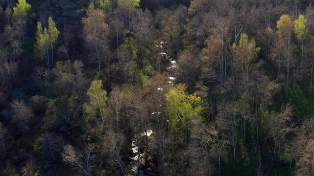 Southern Urals in spring: the Irendyk ridge and the Khudolaz River. Aerial view.
