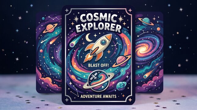 Cosmic explorer enamel pin mockup with cartoon rocket ship and planet badge on space galaxy backing card design template vector illustration
