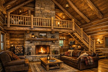 Obraz premium A warm and inviting living room with comfortable furniture and a crackling fireplace