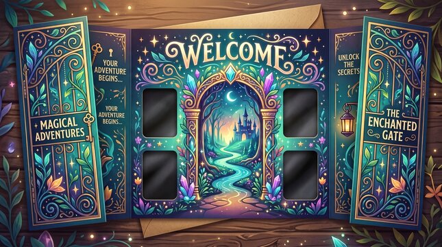Magical fantasy board game layout mockup with enchanted gate doors, crystal archway, fairytale castle, and card slots presentation template vector illustration