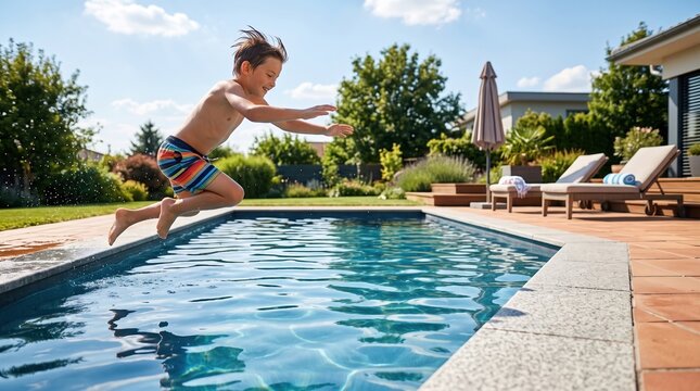 Child Jumping Into Backyard Swimming Pool