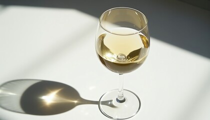 Fototapeta premium Stemmed glass with light yellow wine. Sunlight casts shadow on white table. Beverage waits for tasting. Refreshing drink served at restaurant or party.
