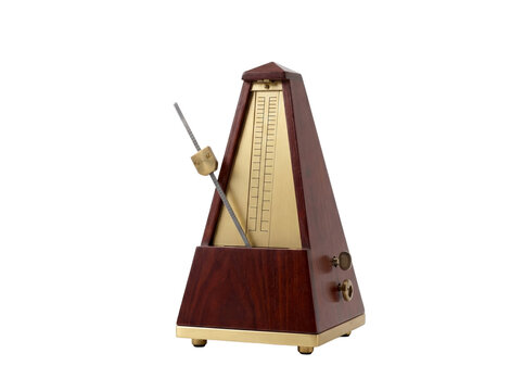 Classic mechanical wooden metronome with brass finish for musical tempo measurement, isolated on transparent background.