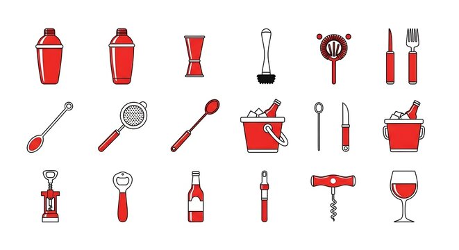 Set of Hand Drawn Bar and Cocktail Making Tools and Equipment.