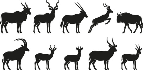 African Antelope Silhouette Set Featuring Kudu Oryx Gazelle Wildebeest Sable Impala and Eland Icons for Safari Wildlife Vector Designs © MdShagarAli