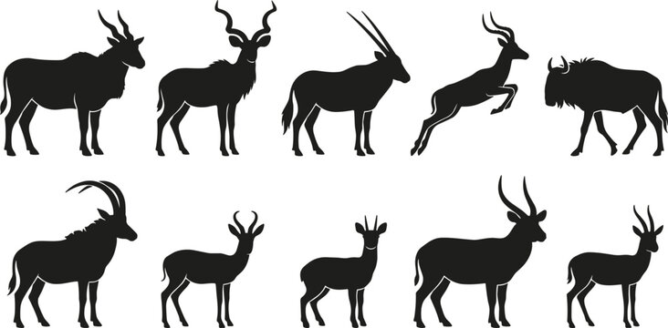 African Antelope Silhouette Set Featuring Kudu Oryx Gazelle Wildebeest Sable Impala and Eland Icons for Safari Wildlife Vector Designs