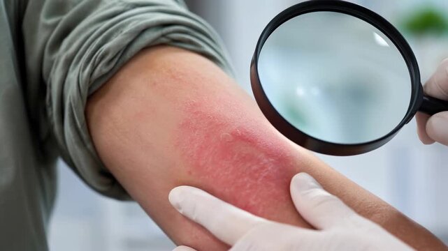 Doctor checking inflamed skin rash on patient arm with magnifier, dermatology, allergy, treatment, medical care