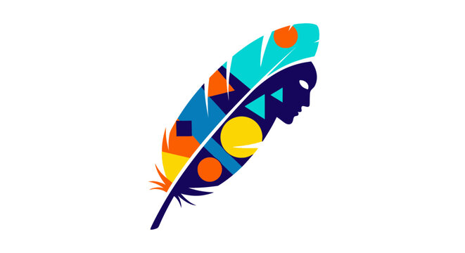 Abstract feather illustration featuring a silhouette of a native american profile with geometric patterns.