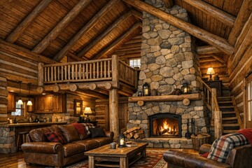 Obraz premium A warm and inviting living room with comfortable furniture and a crackling fireplace