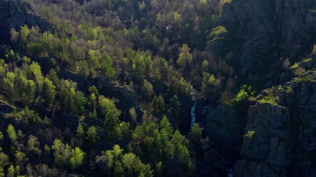 Southern Urals in spring: the Irendyk ridge and the Khudolaz River. Aerial view.
