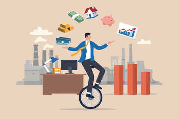 Financial advisor investment expertise concept smart businessman investor juggling finance asset, real estate, currency, saving Big fectory pillar and stock market graph riding unicycle one wheel © Parul