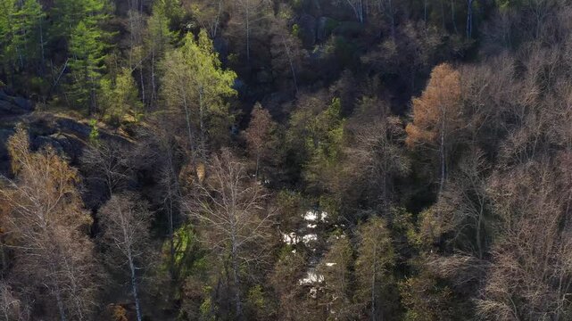 Southern Urals in spring: the Irendyk ridge and the Khudolaz River. Aerial view.