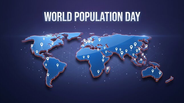 Blue earth world map graphic for world population day event with world wide population international humanity demography statistics location technology connection