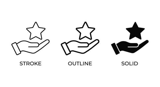 Hand holding star icon in stroke outline and solid styles on a white background