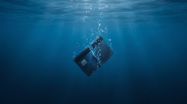 Blue credit card sinking deep underwater conceptualizing financial bankruptcy personal debt crisis economic recession and business failure risk