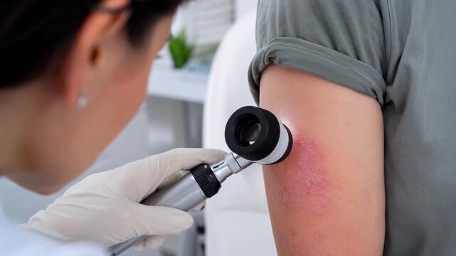 Doctor checking inflamed skin rash on patient arm with dermatoscope, dermatology, allergy, medical care, diagnosis