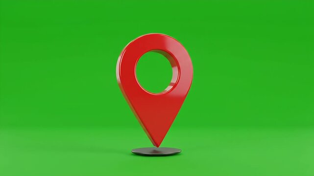 Red Location Pin on Chroma Key Green Screen - A realistic 3D red map location pin floats above a dark shadow against a bright, solid green background.