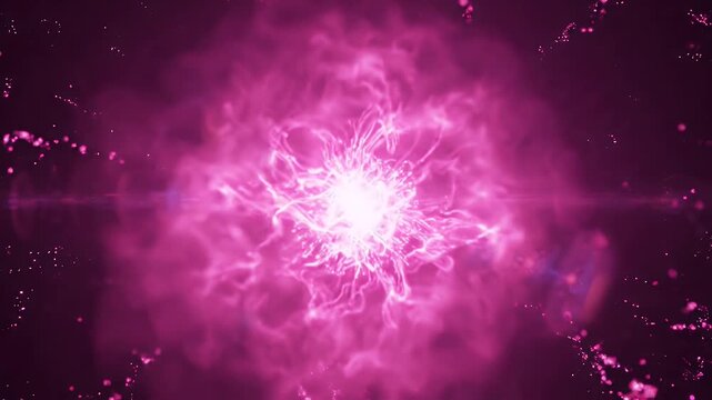 Glowing Pink Energy Fibers Bursting Outward - A central bright light emits glowing pink energy fibers that spread outwards like a cosmic explosion.