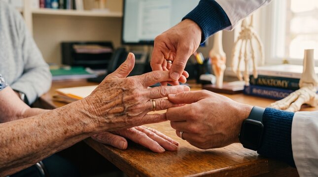 Doctor examining arthritic hands of elderly senior patient in medical clinic with arthritis rheumatology examination clinical physician inflammation diagnosis