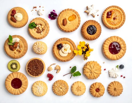 Assorted mini desserts on white background.