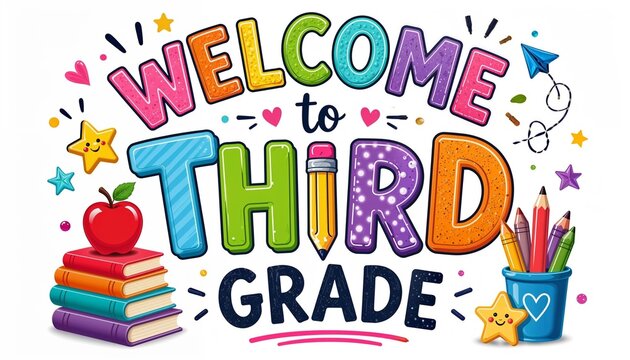 Welcome to third grade classroom banner with school supplies illustration