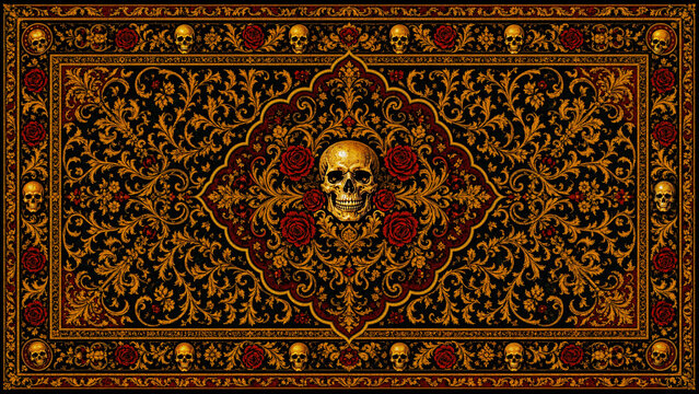Ornate skull rose persian rug pattern